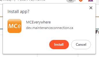 MCe Install Prompt in Brave